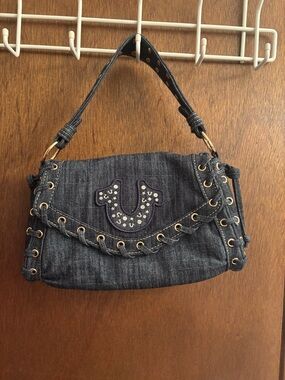 True Religion Dark Blue Denim Shoulder Bag with Studded Horseshoe Patch
